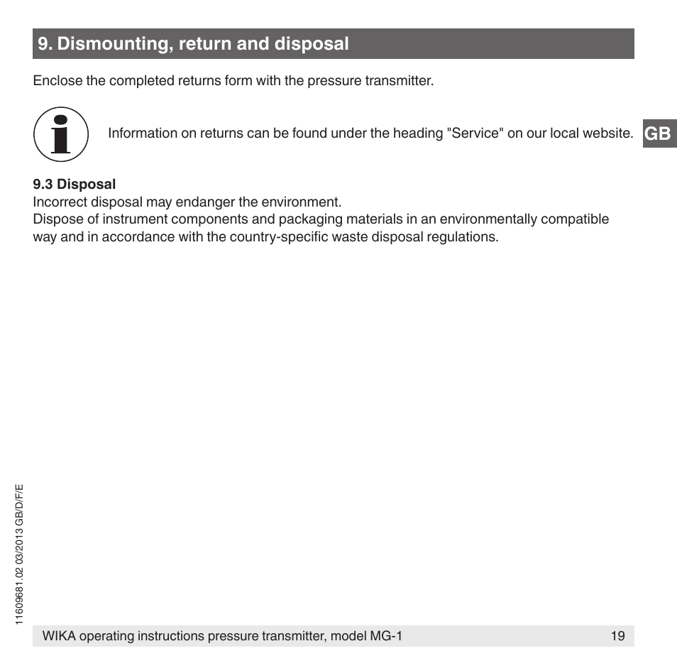 Dismounting, return and disposal | WIKA MG-1 User Manual | Page 19 / 92