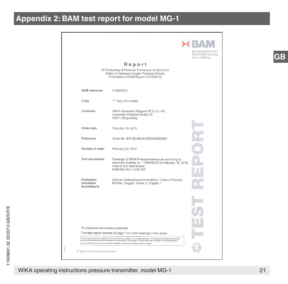 Gb appendix 2: bam test report for model mg-1 | WIKA MG-1 User Manual | Page 21 / 92