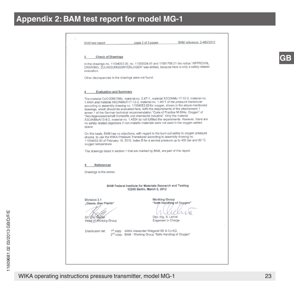 Gb appendix 2: bam test report for model mg-1 | WIKA MG-1 User Manual | Page 23 / 92