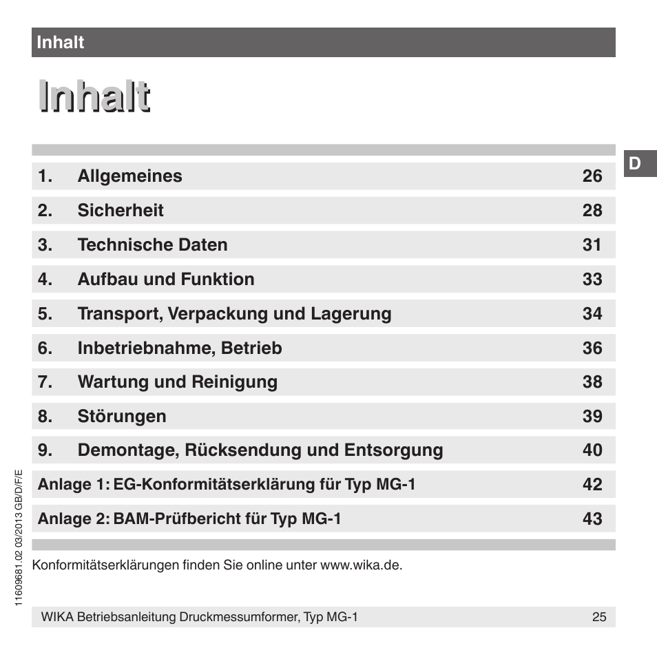 Inhalt | WIKA MG-1 User Manual | Page 25 / 92