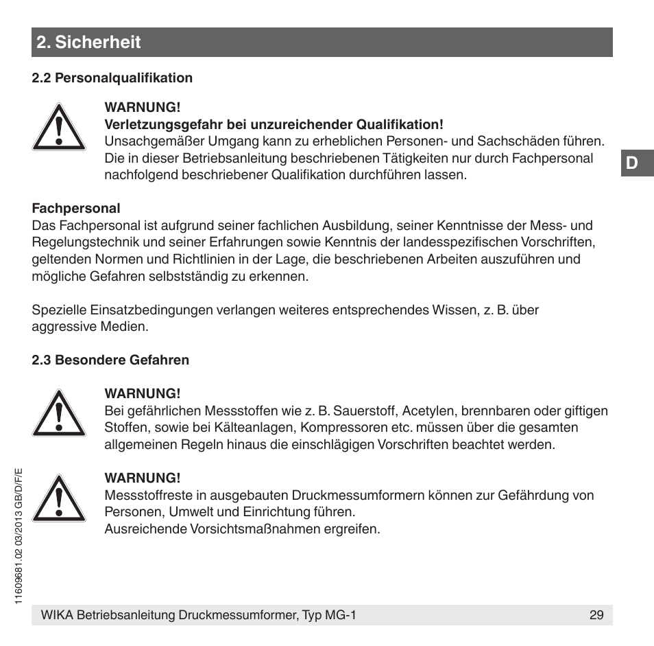 Sicherheit | WIKA MG-1 User Manual | Page 29 / 92