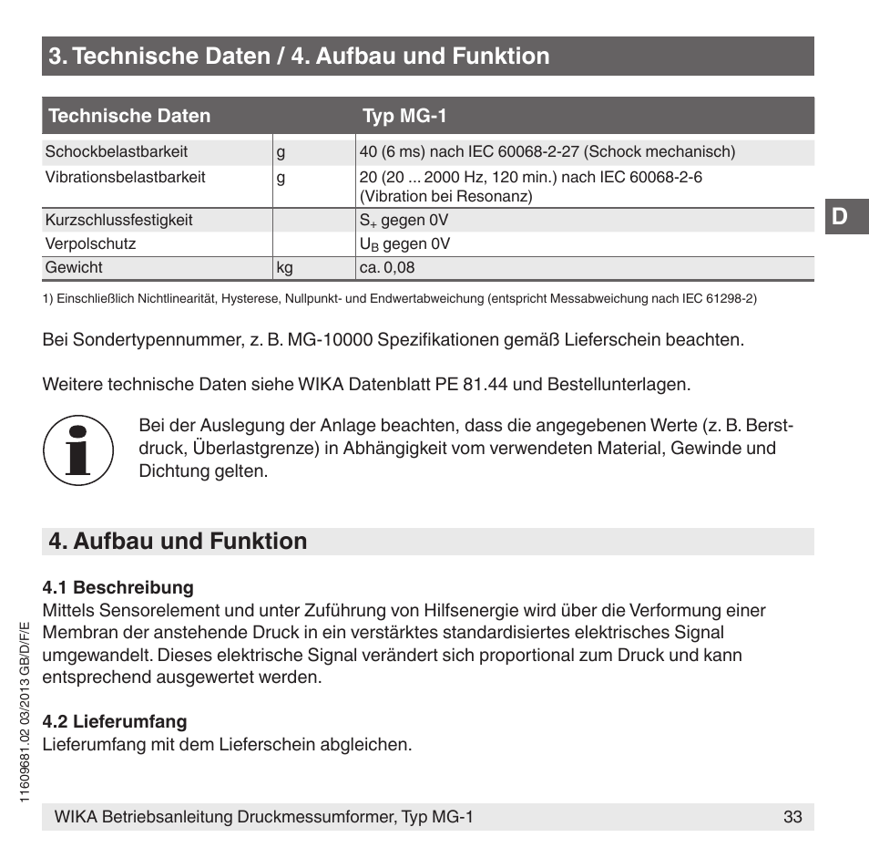 Technische daten / 4. aufbau und funktion, Aufbau und funktion | WIKA MG-1 User Manual | Page 33 / 92