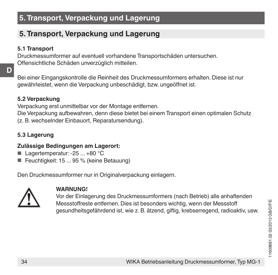 Transport, verpackung und lagerung | WIKA MG-1 User Manual | Page 34 / 92