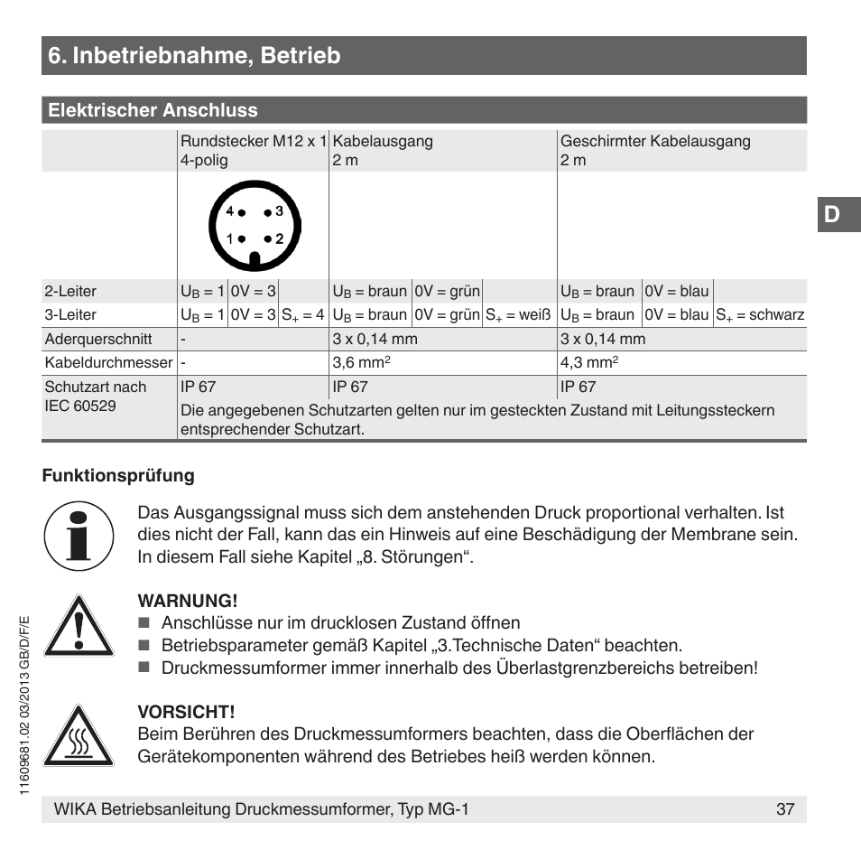 Inbetriebnahme, betrieb, Elektrischer anschluss | WIKA MG-1 User Manual | Page 37 / 92