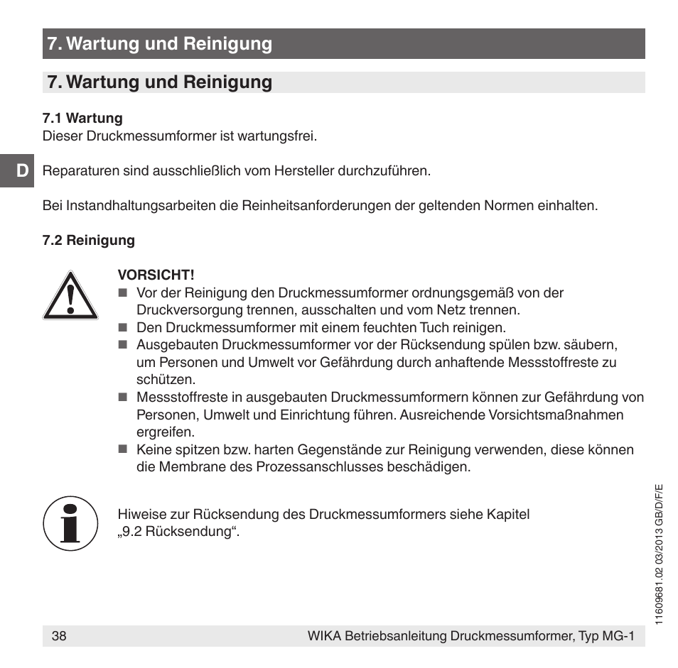 Wartung und reinigung | WIKA MG-1 User Manual | Page 38 / 92