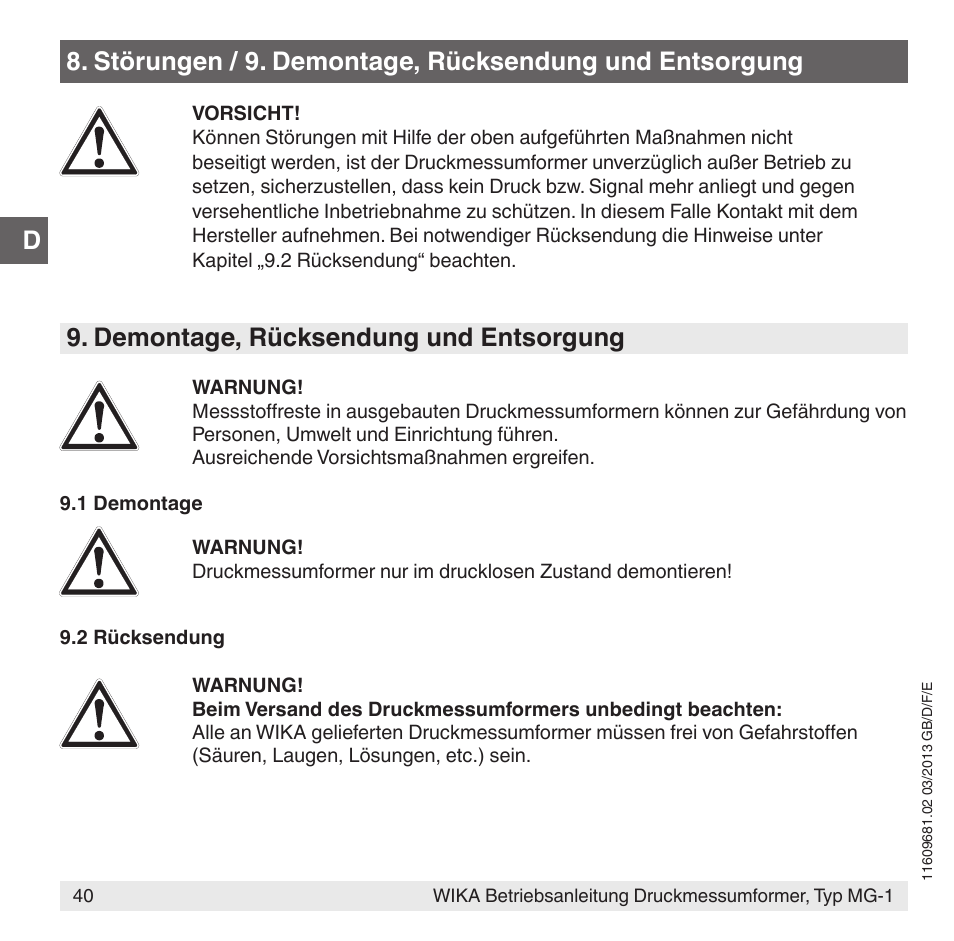 Demontage, rücksendung und entsorgung | WIKA MG-1 User Manual | Page 40 / 92