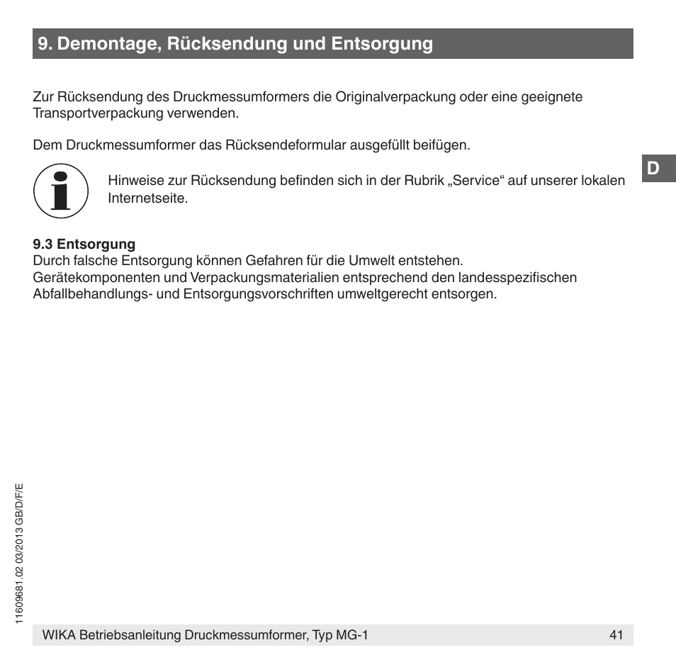 Demontage, rücksendung und entsorgung | WIKA MG-1 User Manual | Page 41 / 92