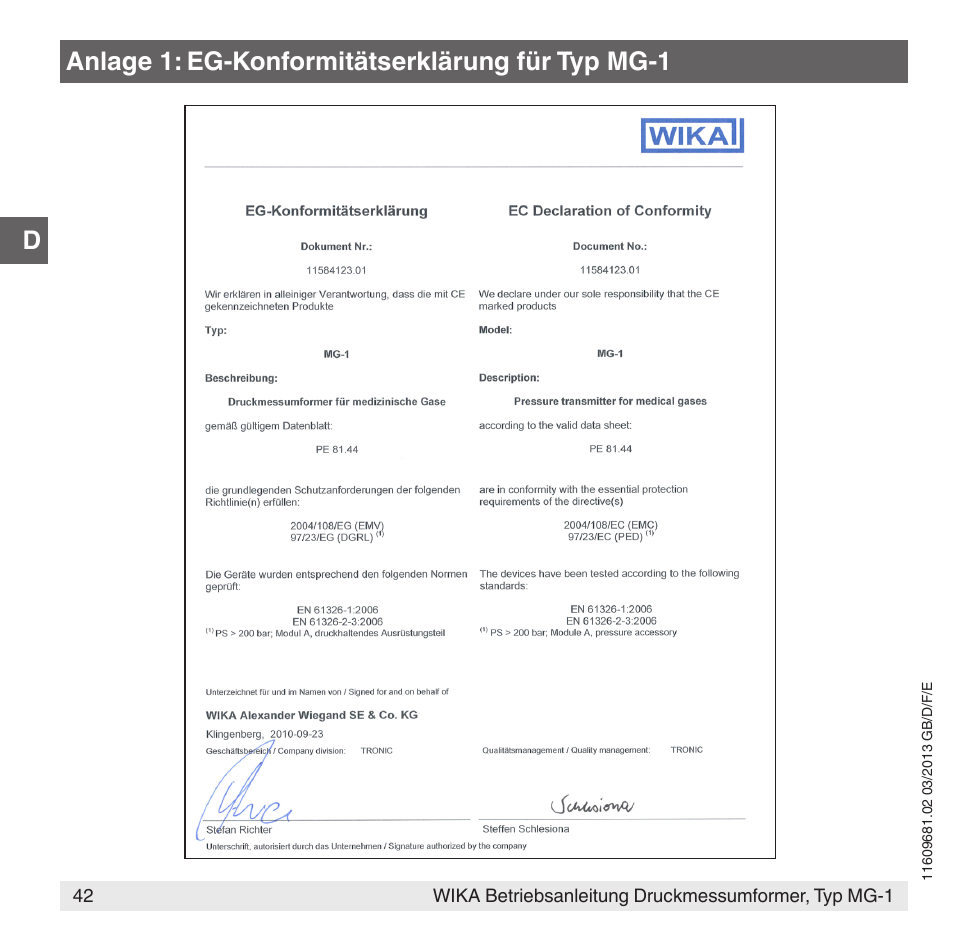 Anlage 1: eg-konformitätserklärung für typ mg-1 | WIKA MG-1 User Manual | Page 42 / 92