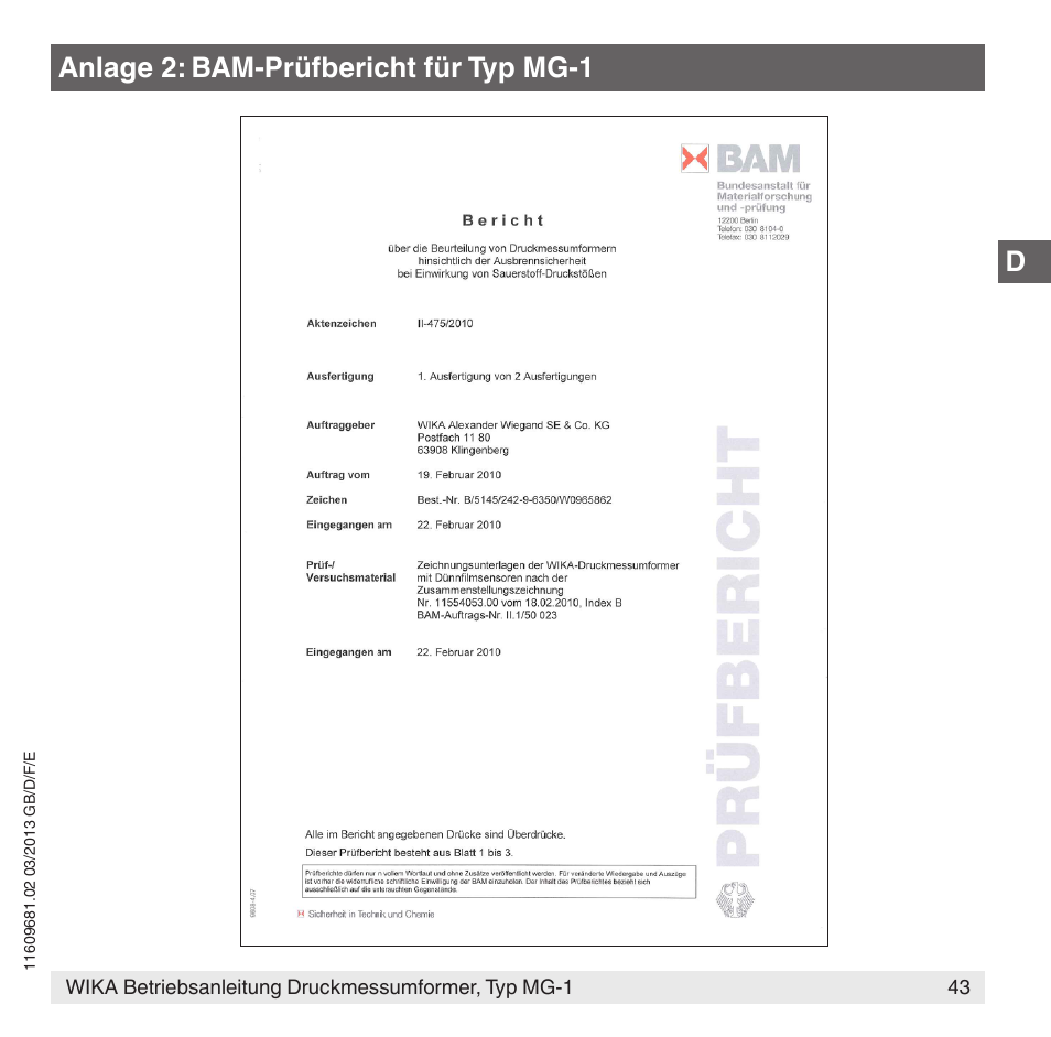 Anlage 2: bam-prüfbericht für typ mg-1 | WIKA MG-1 User Manual | Page 43 / 92