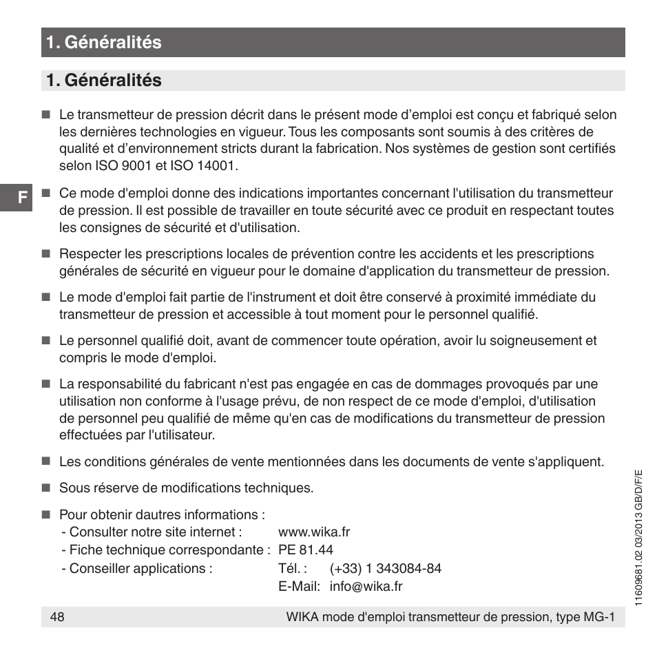 Généralités | WIKA MG-1 User Manual | Page 48 / 92