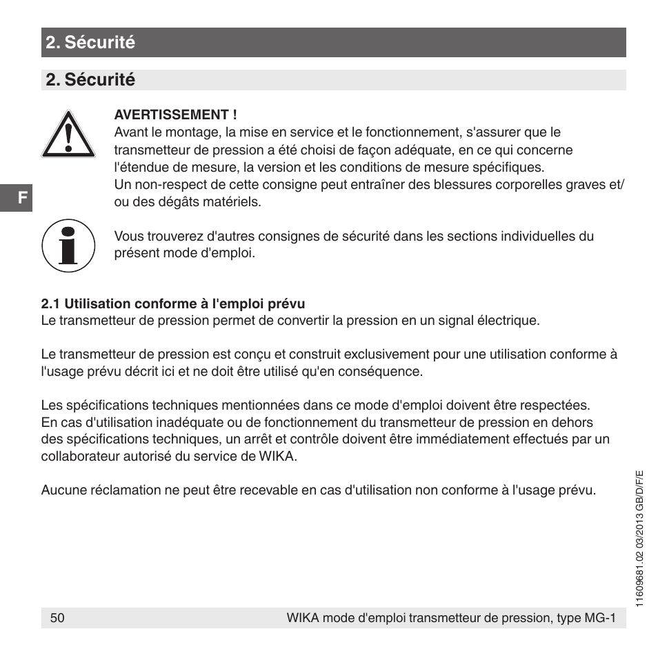 Sécurité | WIKA MG-1 User Manual | Page 50 / 92