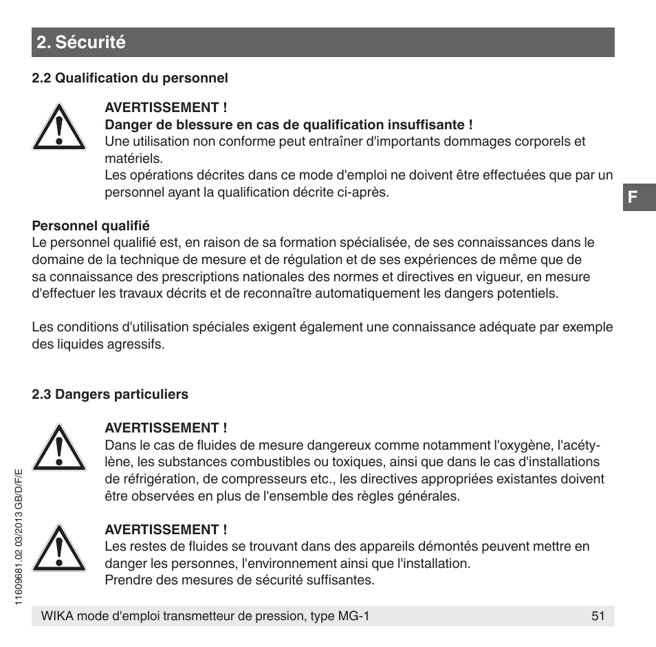 Sécurité | WIKA MG-1 User Manual | Page 51 / 92