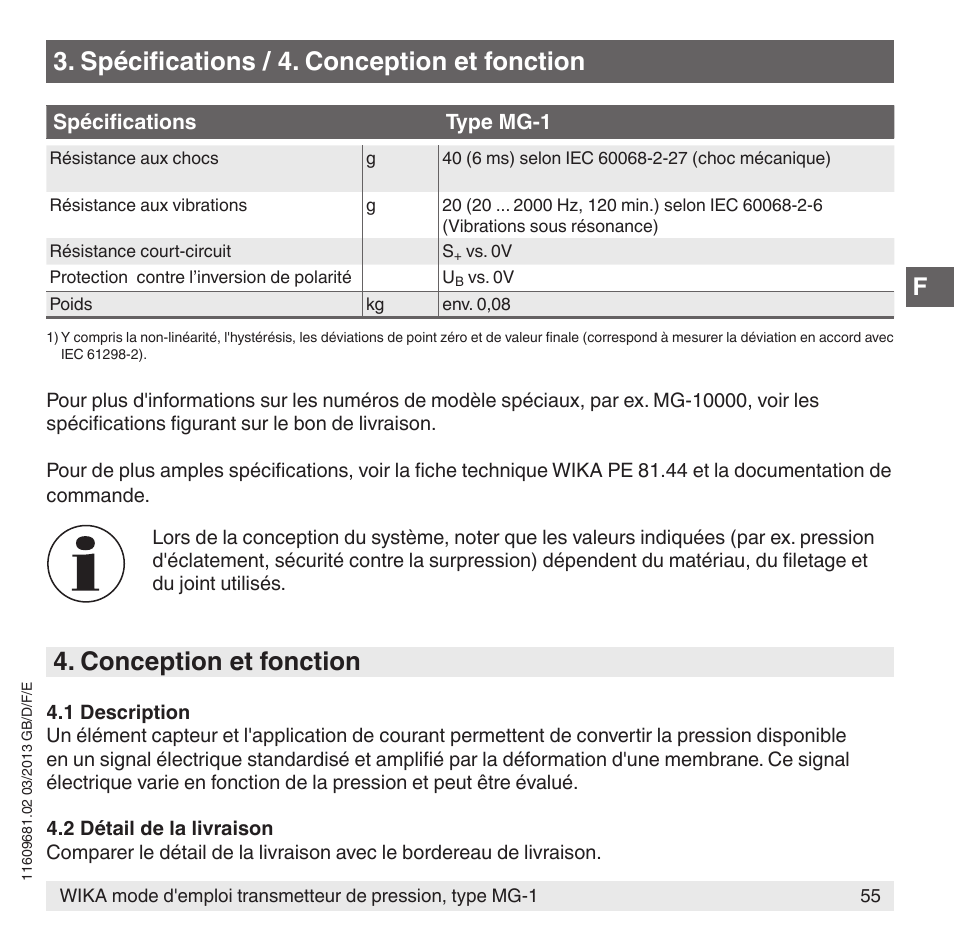 Spécifications / 4. conception et fonction, Conception et fonction | WIKA MG-1 User Manual | Page 55 / 92