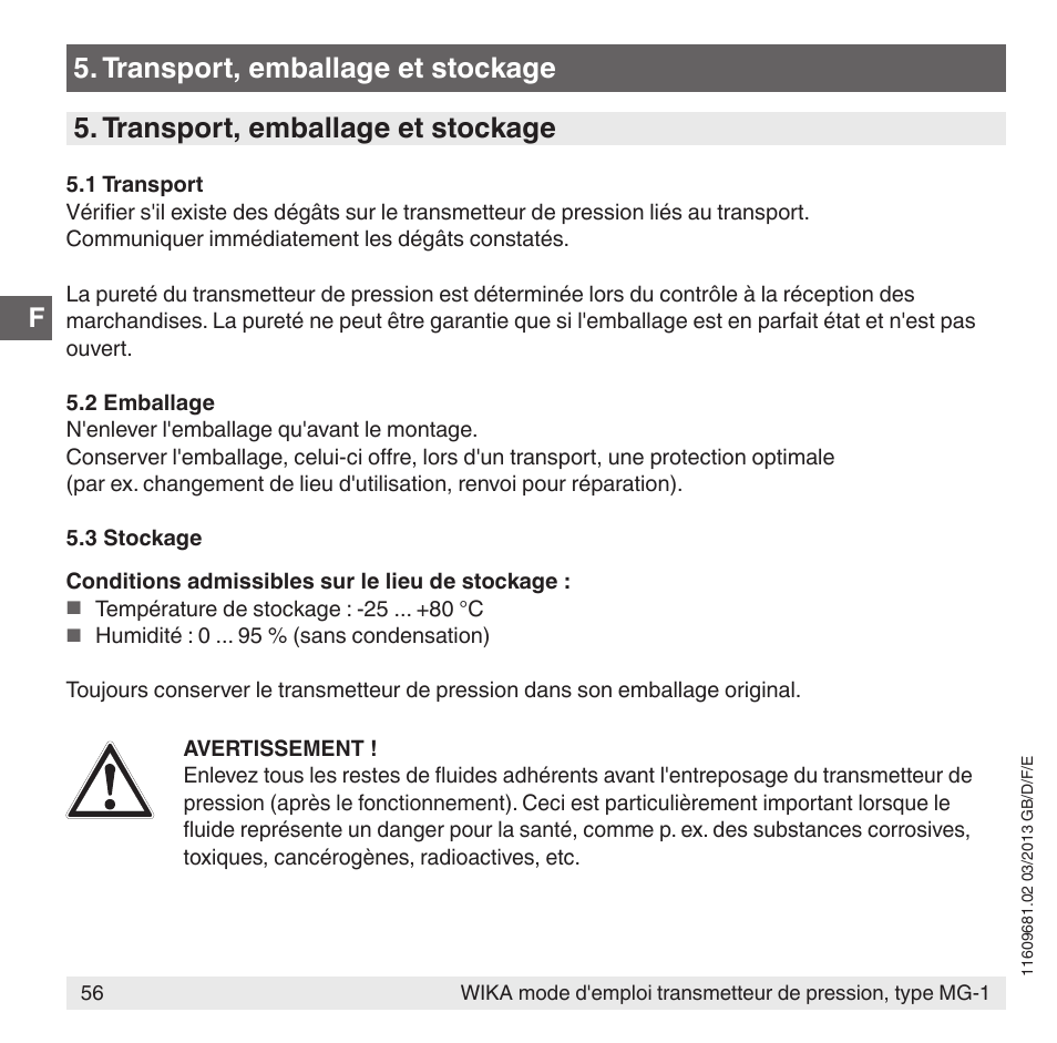 Transport, emballage et stockage | WIKA MG-1 User Manual | Page 56 / 92