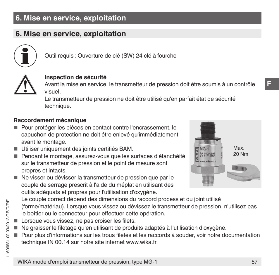 Mise en service, exploitation | WIKA MG-1 User Manual | Page 57 / 92
