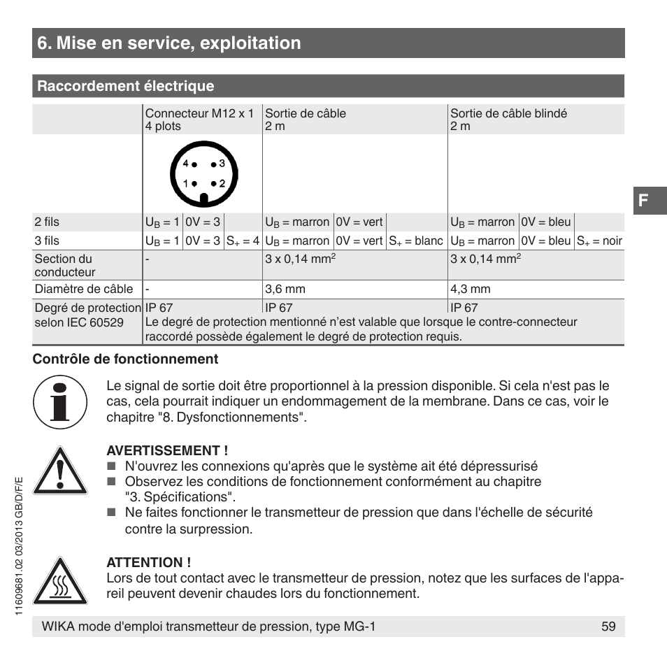 Mise en service, exploitation, Raccordement électrique | WIKA MG-1 User Manual | Page 59 / 92