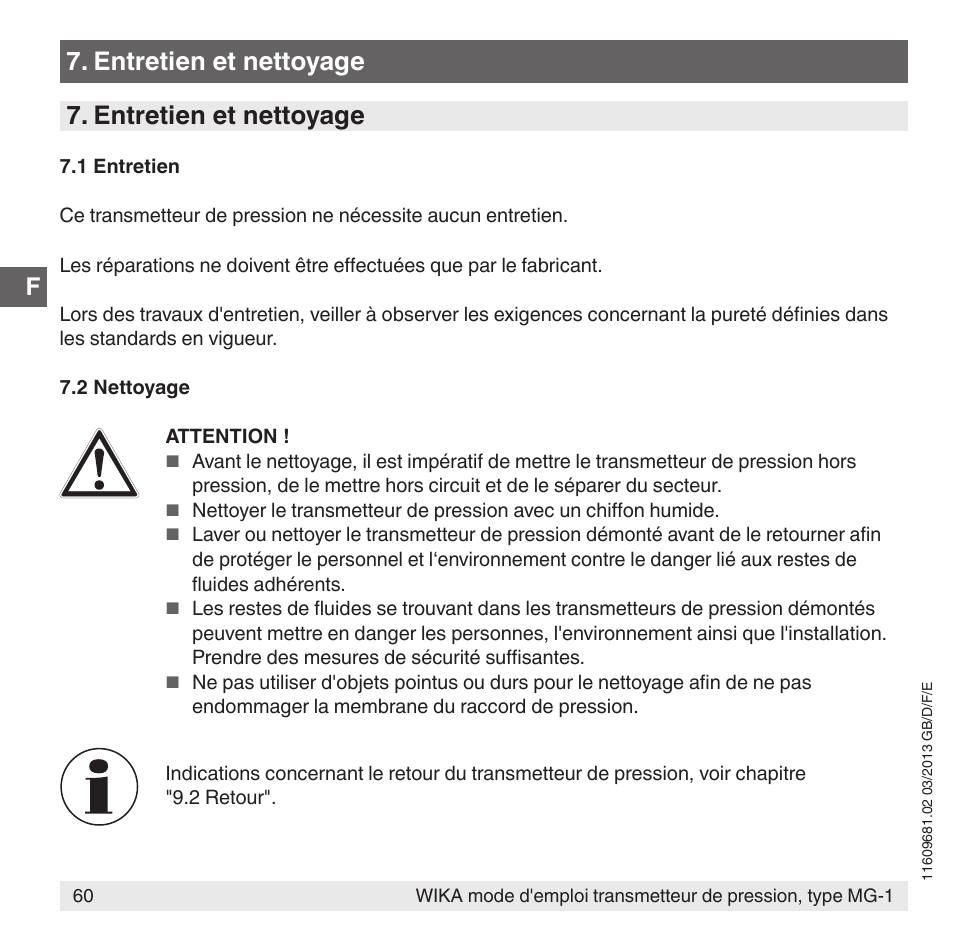 Entretien et nettoyage | WIKA MG-1 User Manual | Page 60 / 92