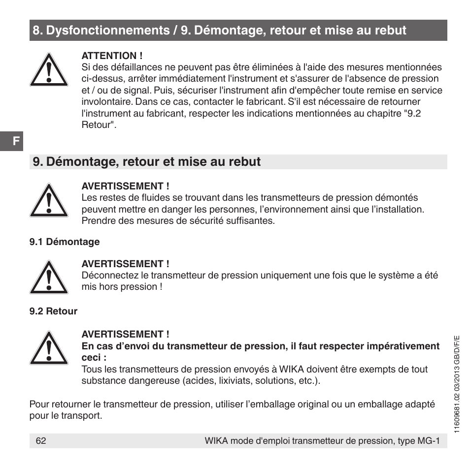 Démontage, retour et mise au rebut | WIKA MG-1 User Manual | Page 62 / 92