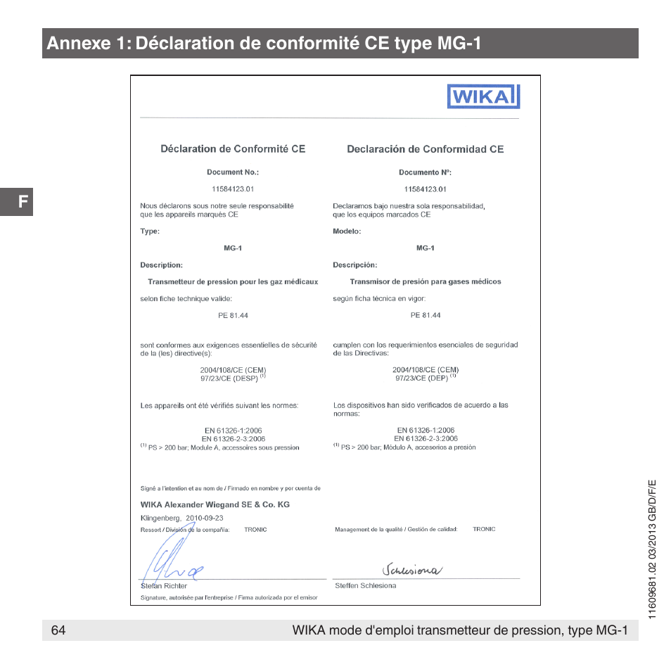 Annexe 1: déclaration de conformité ce type mg-1 | WIKA MG-1 User Manual | Page 64 / 92