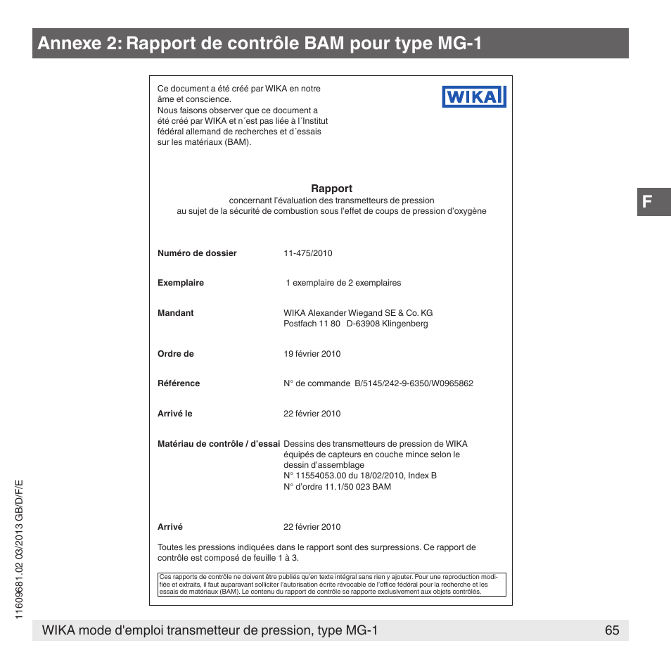 Annexe 2: rapport de contrôle bam pour type mg-1 | WIKA MG-1 User Manual | Page 65 / 92
