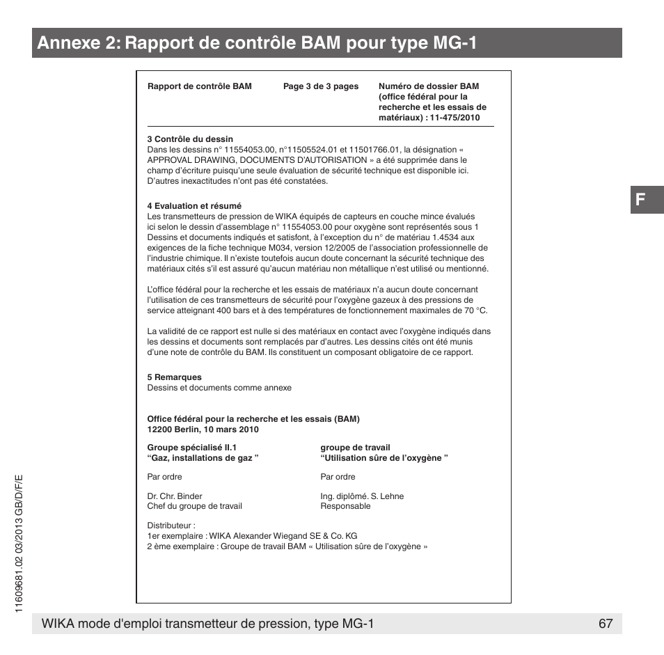 Annexe 2: rapport de contrôle bam pour type mg-1 | WIKA MG-1 User Manual | Page 67 / 92