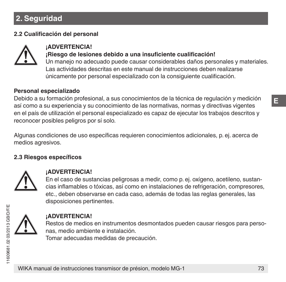 Seguridad | WIKA MG-1 User Manual | Page 73 / 92