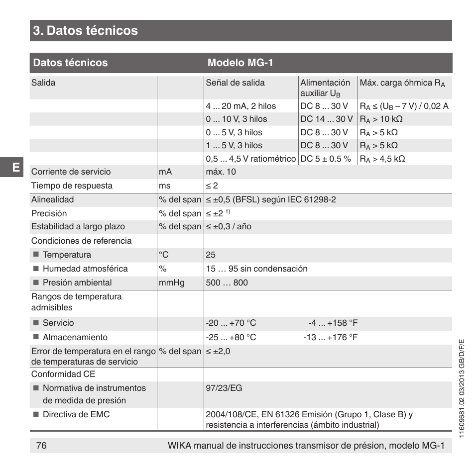 Datos técnicos, Datos técnicos modelo mg-1 | WIKA MG-1 User Manual | Page 76 / 92