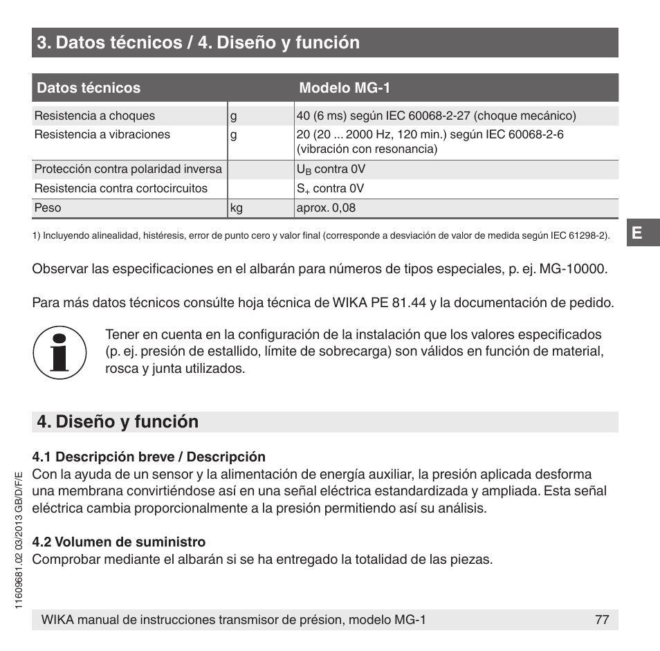 Datos técnicos / 4. diseño y función, Diseño y función | WIKA MG-1 User Manual | Page 77 / 92