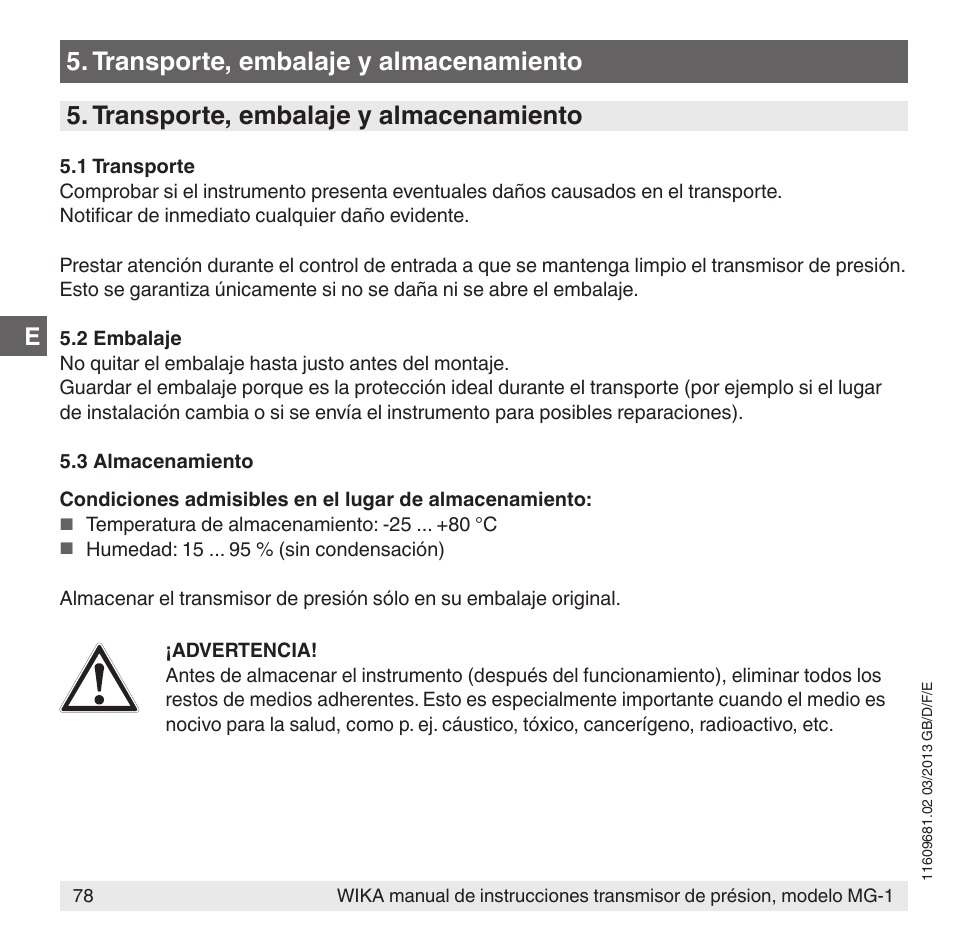Transporte, embalaje y almacenamiento | WIKA MG-1 User Manual | Page 78 / 92