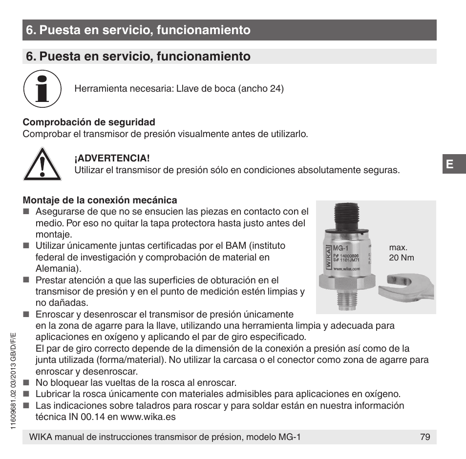 Puesta en servicio, funcionamiento | WIKA MG-1 User Manual | Page 79 / 92