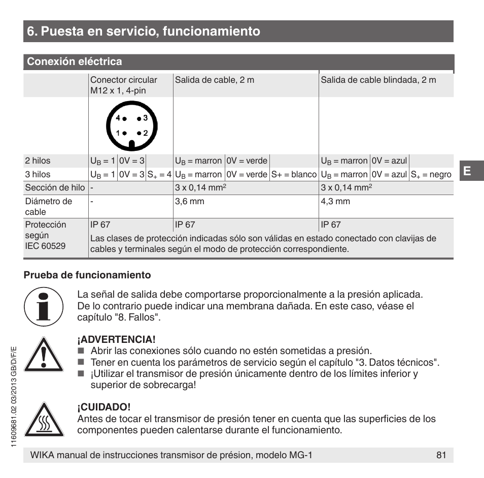 Puesta en servicio, funcionamiento, Conexión eléctrica | WIKA MG-1 User Manual | Page 81 / 92