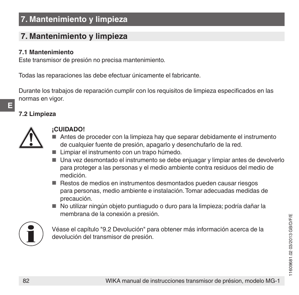 Mantenimiento y limpieza | WIKA MG-1 User Manual | Page 82 / 92