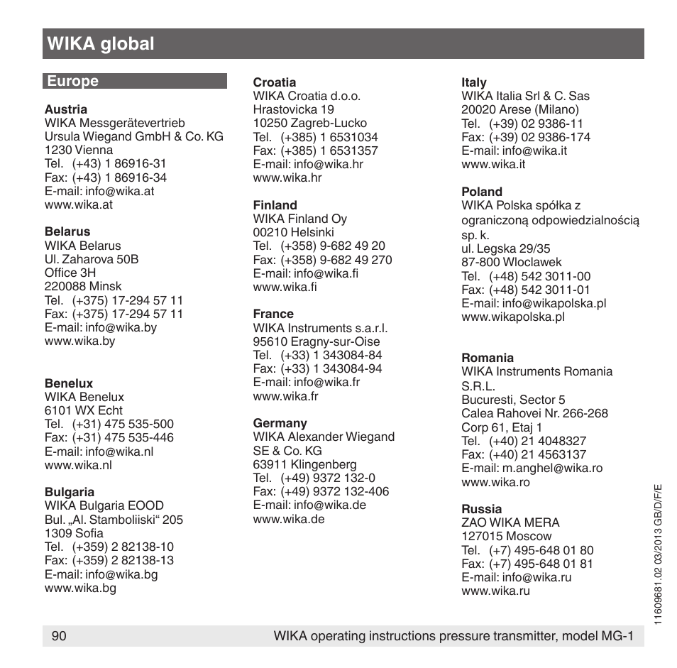 Wika global, Europe | WIKA MG-1 User Manual | Page 90 / 92