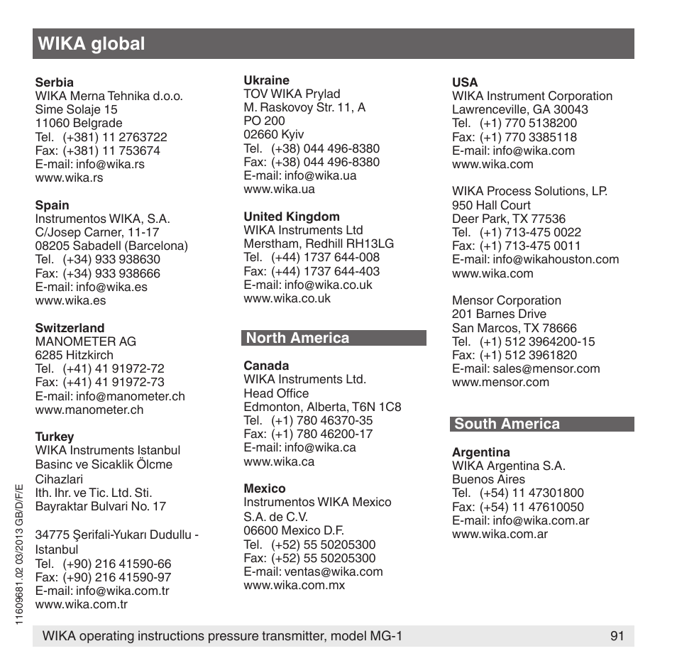 Wika global, North america, South america | WIKA MG-1 User Manual | Page 91 / 92