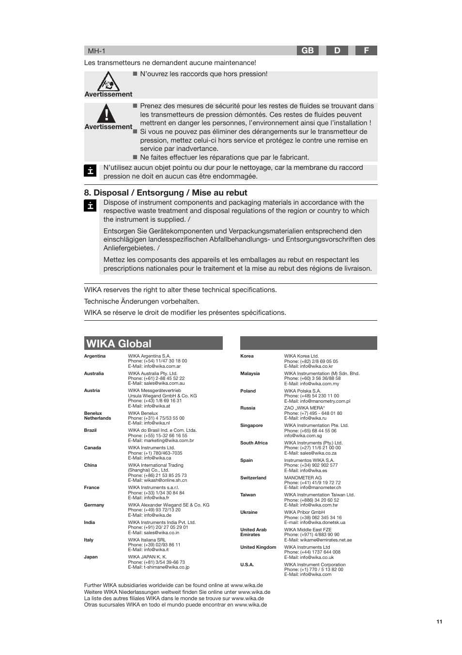 Wika global, Disposal / entsorgung / mise au rebut, Fd gb | Avertissement | WIKA MH-1 User Manual | Page 11 / 11