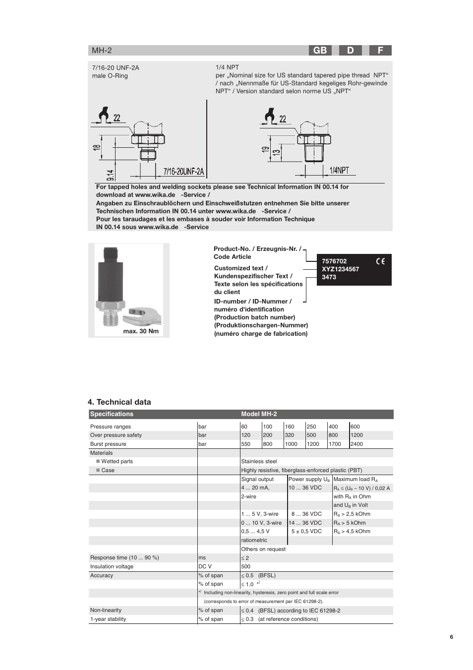 Technical data, Mh-2 | WIKA MH-2 User Manual | Page 5 / 9