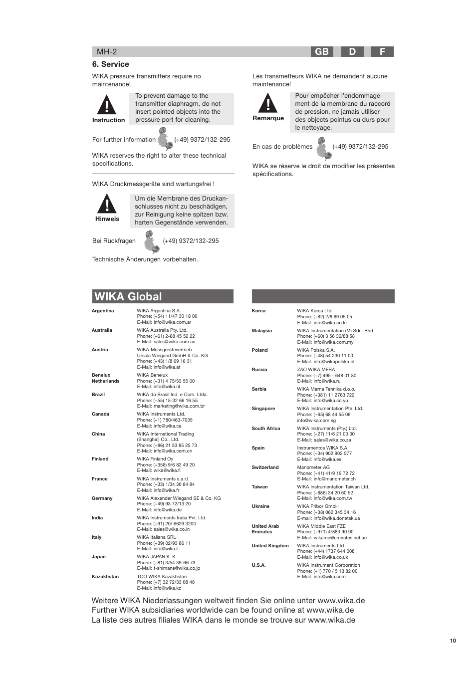 Wika global, Fd gb, Service | Mh-2 | WIKA MH-2 User Manual | Page 9 / 9