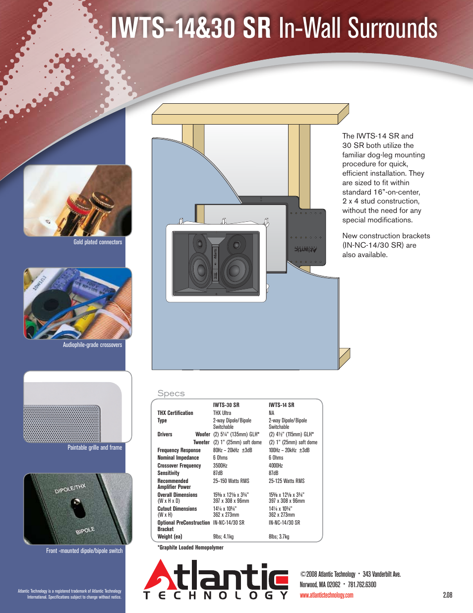 Iwts-14&30 sr in-wall surrounds, Specs | Atlantic Technology IWTS-30 SR User Manual | Page 2 / 2