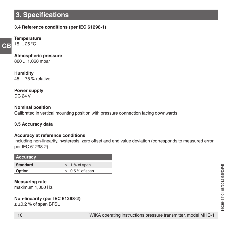 Specifications | WIKA MHC-1 User Manual | Page 10 / 84