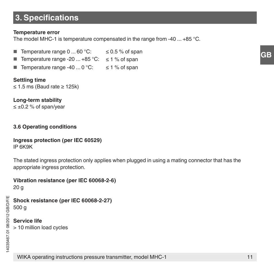 Specifications | WIKA MHC-1 User Manual | Page 11 / 84