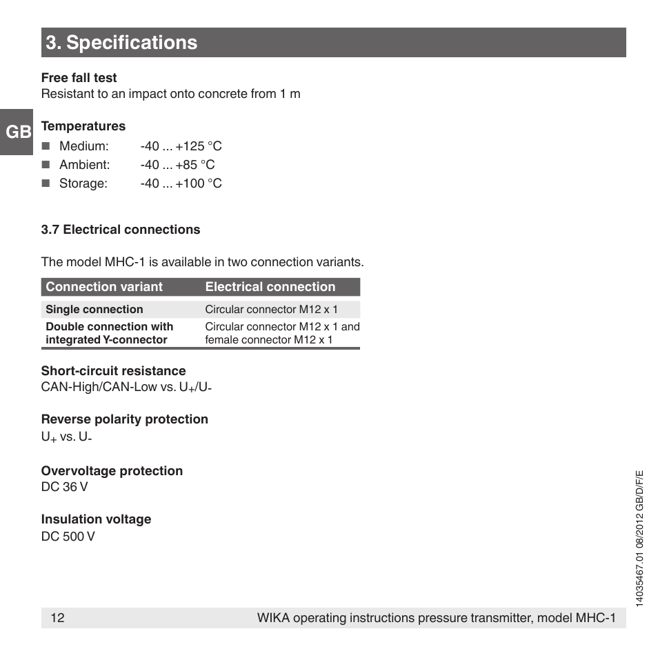 Specifications | WIKA MHC-1 User Manual | Page 12 / 84