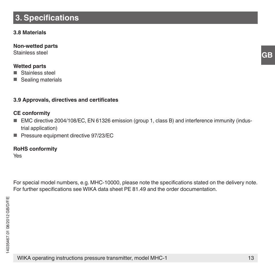 Specifications | WIKA MHC-1 User Manual | Page 13 / 84