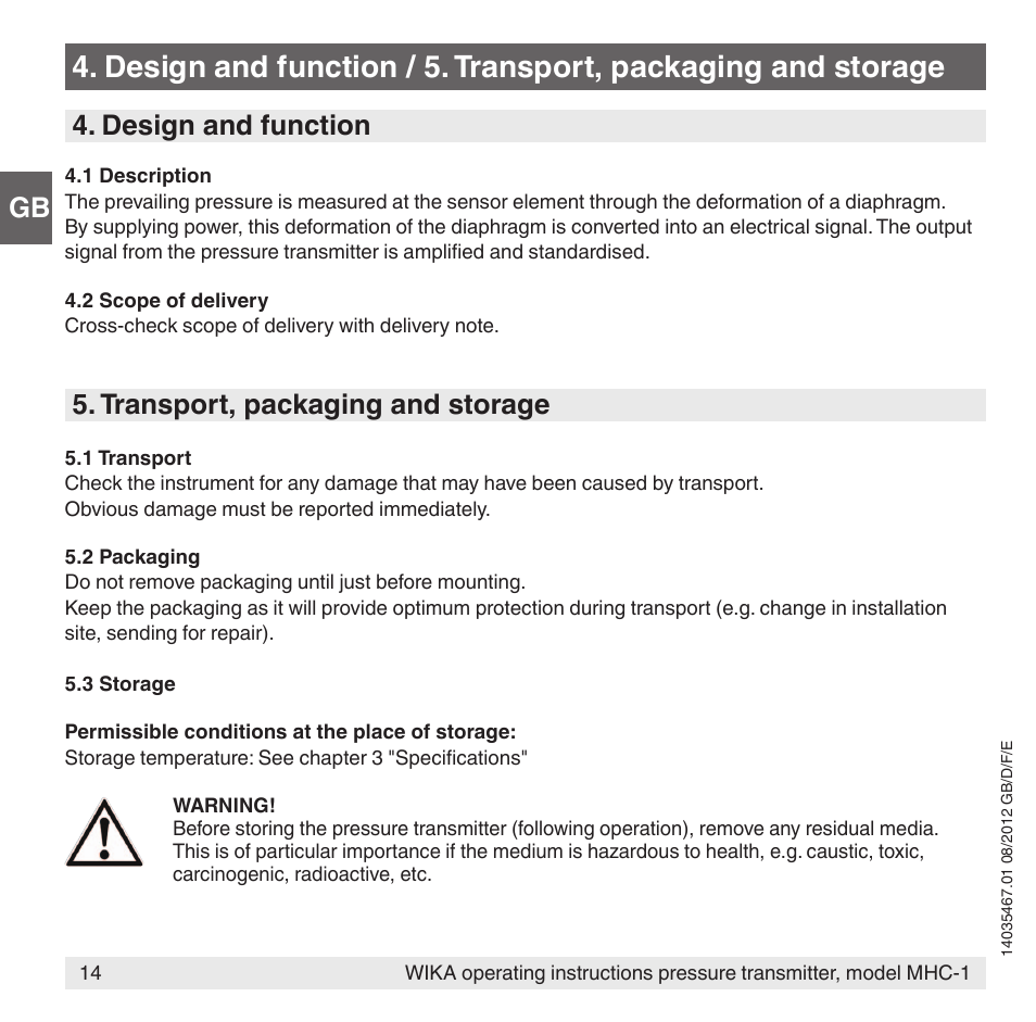 Gb 4. design and function, Transport, packaging and storage | WIKA MHC-1 User Manual | Page 14 / 84