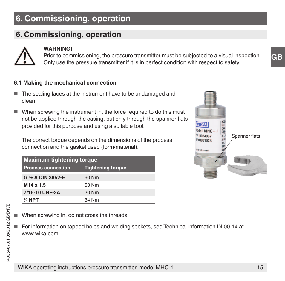 Commissioning, operation | WIKA MHC-1 User Manual | Page 15 / 84