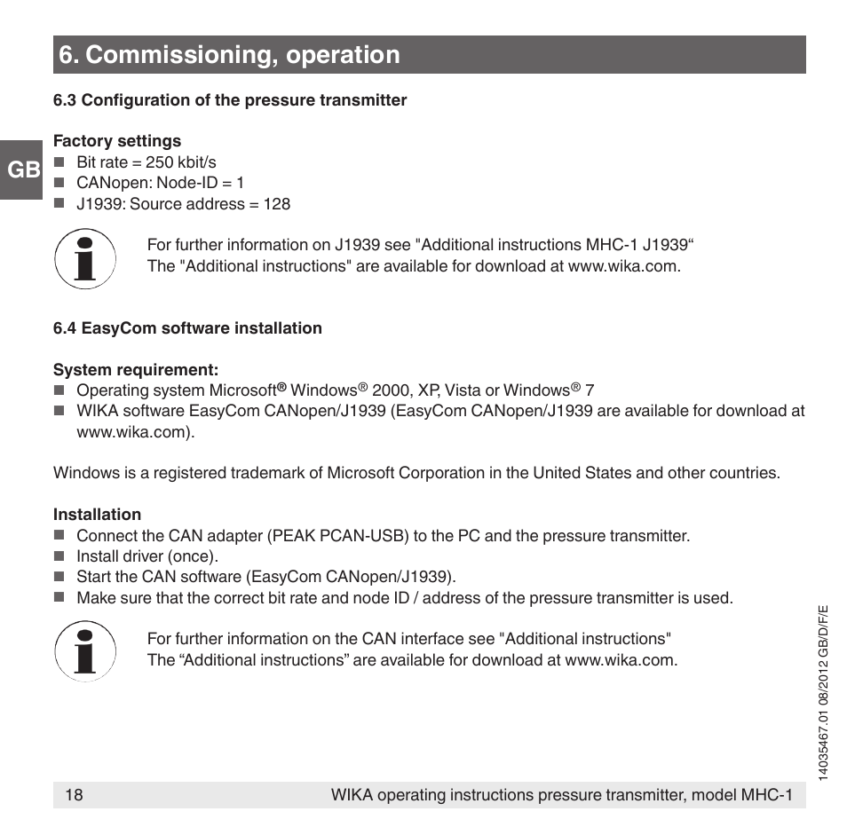 Commissioning, operation | WIKA MHC-1 User Manual | Page 18 / 84
