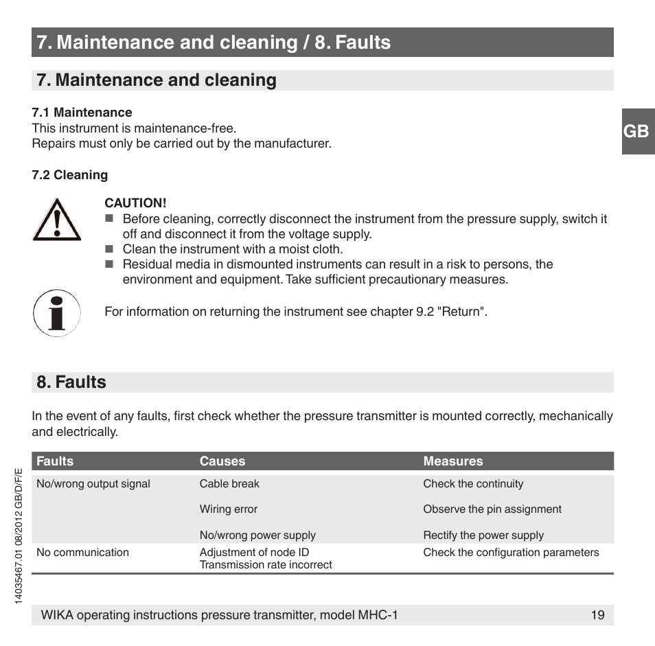 Maintenance and cleaning / 8. faults, Maintenance and cleaning, Faults | WIKA MHC-1 User Manual | Page 19 / 84