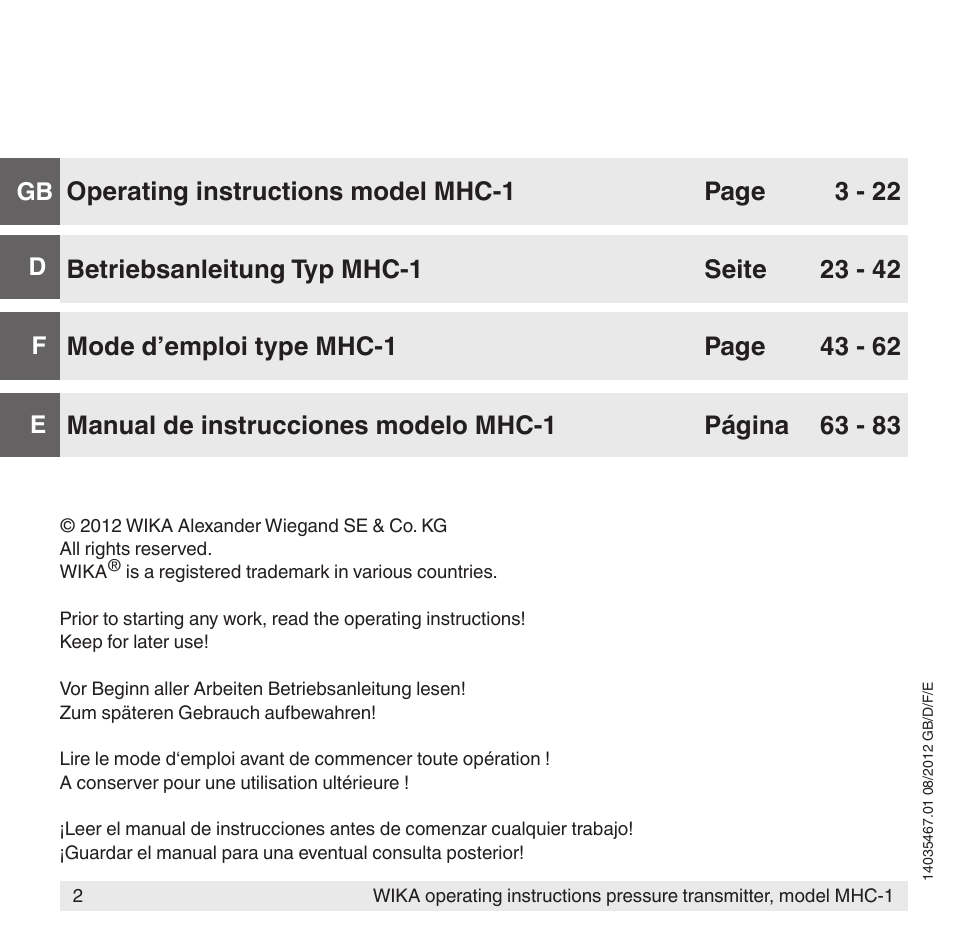 WIKA MHC-1 User Manual | Page 2 / 84