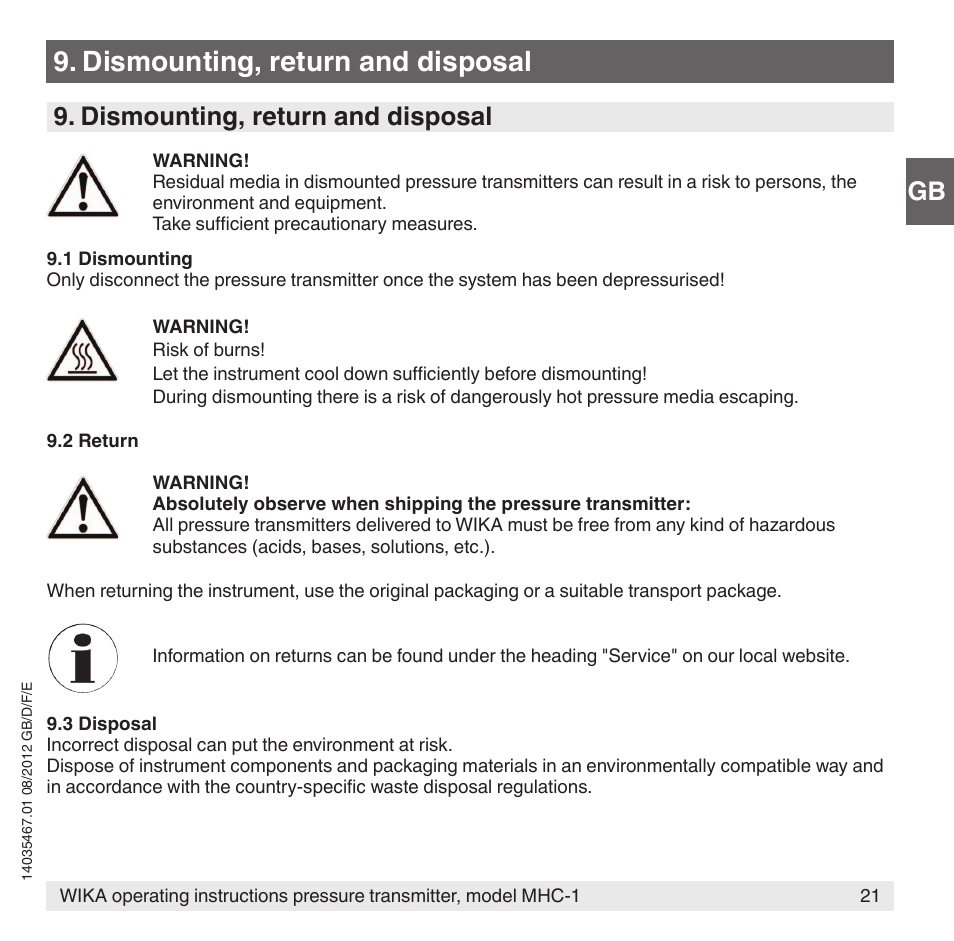 Dismounting, return and disposal, Gb 9. dismounting, return and disposal | WIKA MHC-1 User Manual | Page 21 / 84