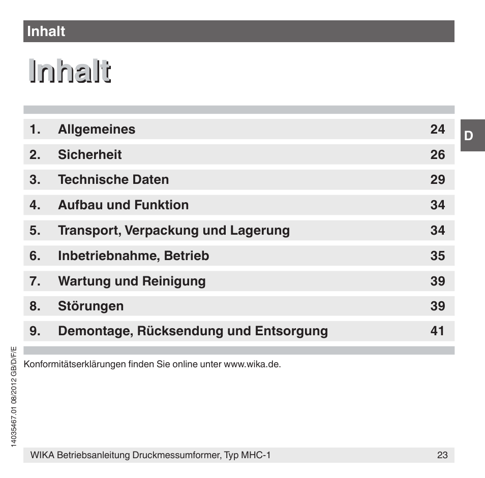 Inhalt | WIKA MHC-1 User Manual | Page 23 / 84
