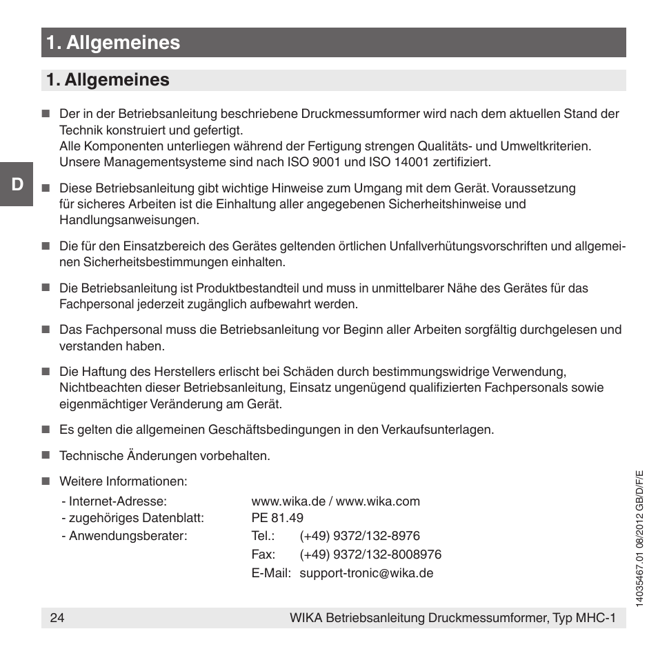 Allgemeines | WIKA MHC-1 User Manual | Page 24 / 84